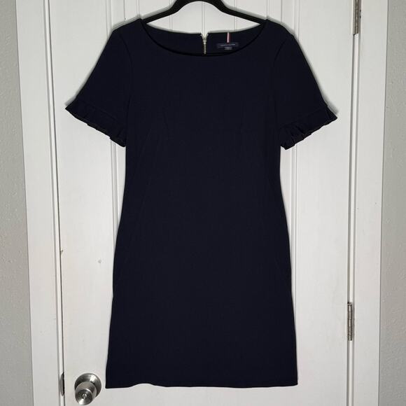 Tommy Hilfiger Navy Sheath Knee Length Dress Short Sleeve with Ruffle Size 6 - Picture 1 of 4